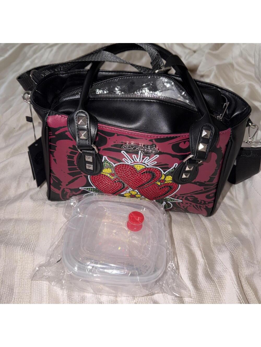 Ed Hardy Lunch Tote Thermal Insulated Black Rhinestones  Print w/ Tupperware